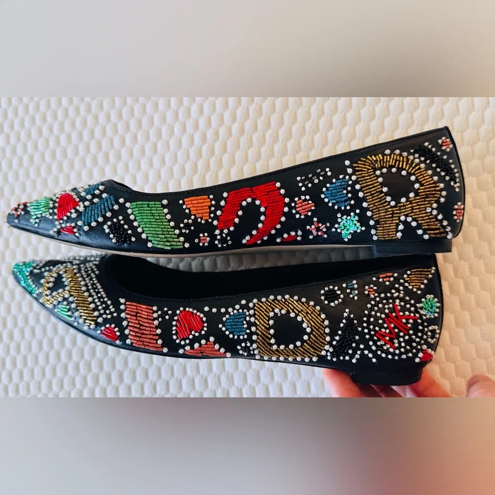MICHAEL KORS MK Mila Party Colorful Beaded Black Leather Pointed Toe Flats